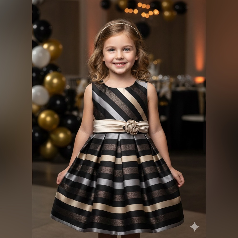 Bonnie Jean Black and Gold Striped Formal Dress